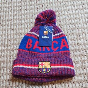 Sports FC Barcelona FCB Barca Beanie Winter Hat Soccer Pom Pom